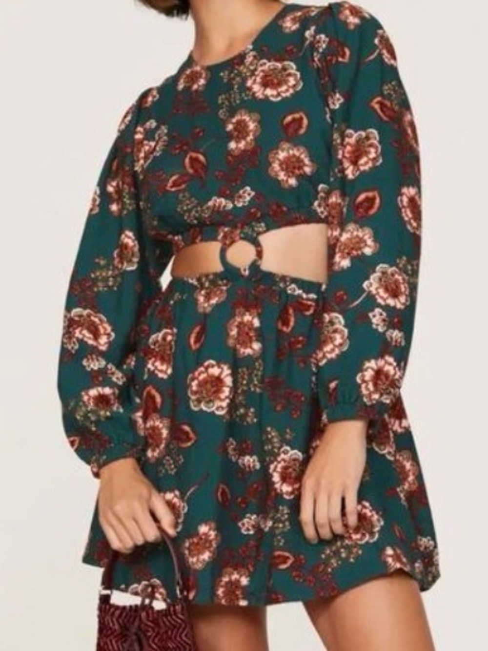 MINKPINK Teal Floral Cutout Long-Sleeve Mini Dress